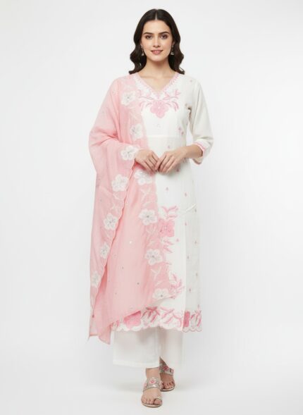 Home blush petal embroidered kurti set (1)
