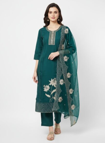 Home emerald bloom embroidered kurti set (1)